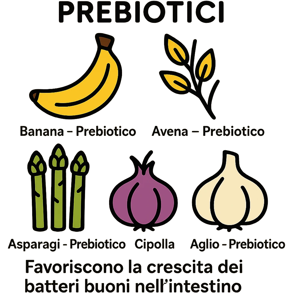 Add Italian labels next to each food item: "Banana — Prebiotico", "Avena — Prebiotico", "Asparagi — Prebiotico", "Cipolla — Prebiotico", "Aglio — Prebiotico". Add the title "PREBIOTICI" at the top and the phrase "Favoriscono la crescita dei batteri buoni nell’intestino" at the bottom. Maintain a clean and modern style with lineal color icons and black outlines. emoji
