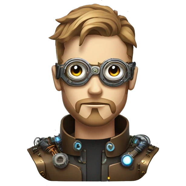 Male cyborg head with light brown hair, light brown beard, steampunk glasses, circuits, wires  emoji