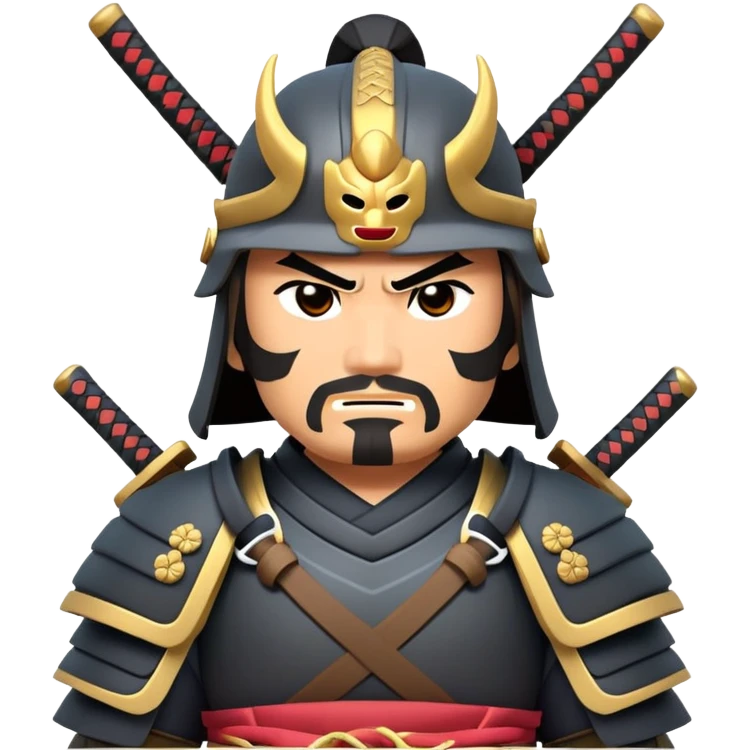clash-of-clans-aesthetic_-cinematic-fearsome-and-majestic-samurai-bust-portrait-emoji, rendered in a flat, vector-style with minimal shading and bold, simplified shapes typical of emoji art, depicting a battle-hardened samurai with steely eyes and traditional black Japanese armor. The samurai is riding a noble grey warhorse adorned with an intricately designed saddle and fluttering banners, against a backdrop of cherry blossoms and a rising sun. emoji
