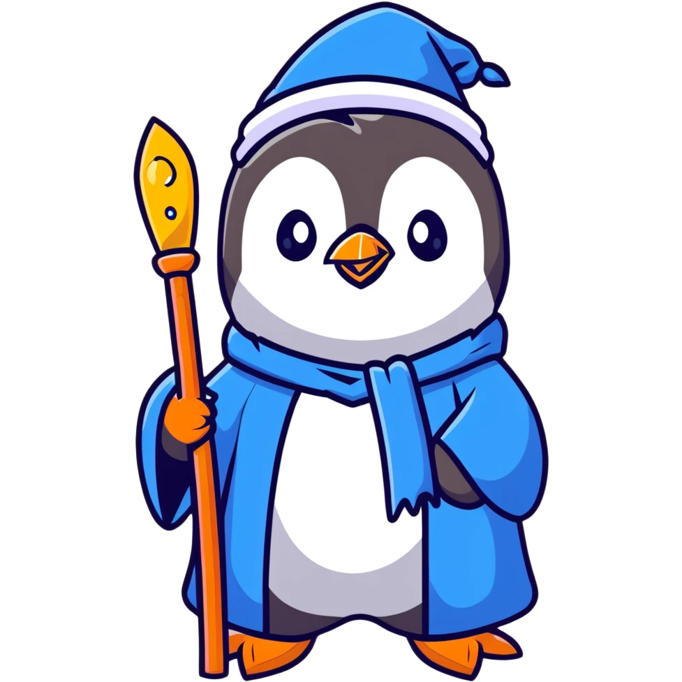 cartoon penguin wizard with a blue robe and sparkly hat, holding a glowing staff emoji