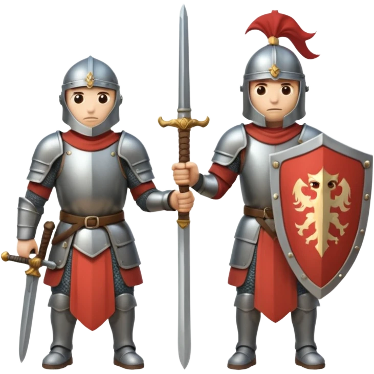 medieval soldiers 2 people, 1 with sword and shield, second with mace, prepare for battle emoji