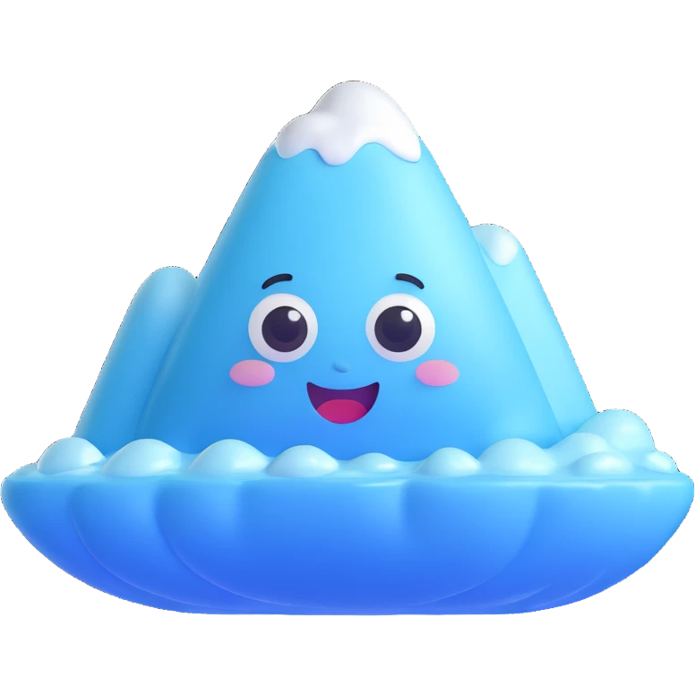 Apple Memoji style: cute 3D iceberg emoji, glossy icy texture, white and pale blue, rounded edges, shiny highlights, big cartoon eyes, small smiling mouth, floating in calm ocean, Pixar-level rendering, soft lighting, minimal design emoji