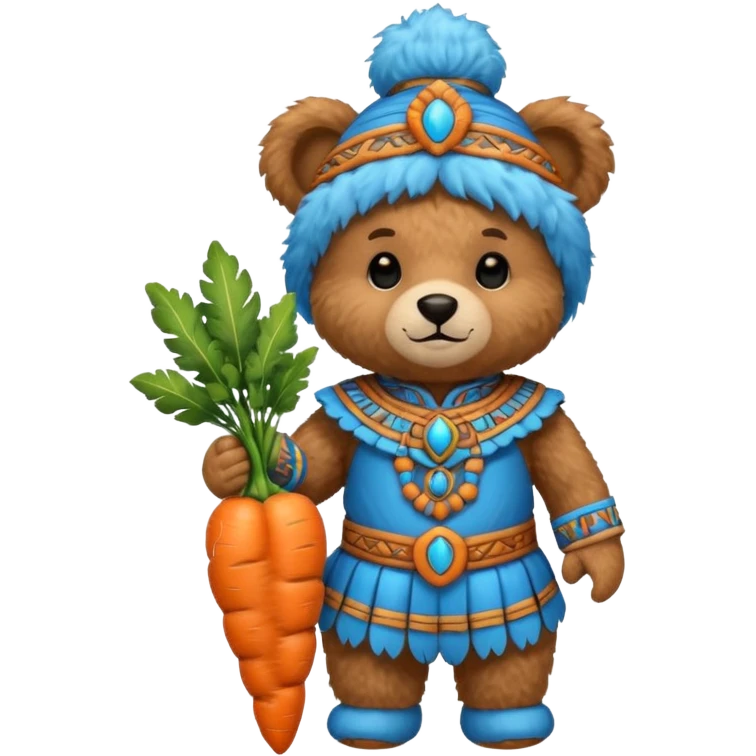 teddy bear, wearing blue mayan ancient custome, with carrot emoji