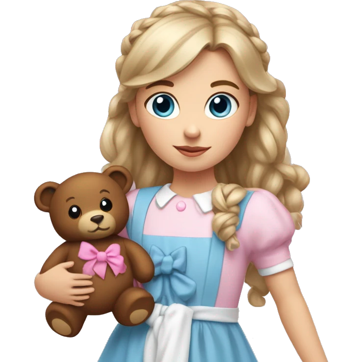 Little white girl with blue eyes and bronze hair in two ponytails with two bows. A pink pacificer in her mouth. She is wearing a pink and White dress and holding a teddybear. emoji