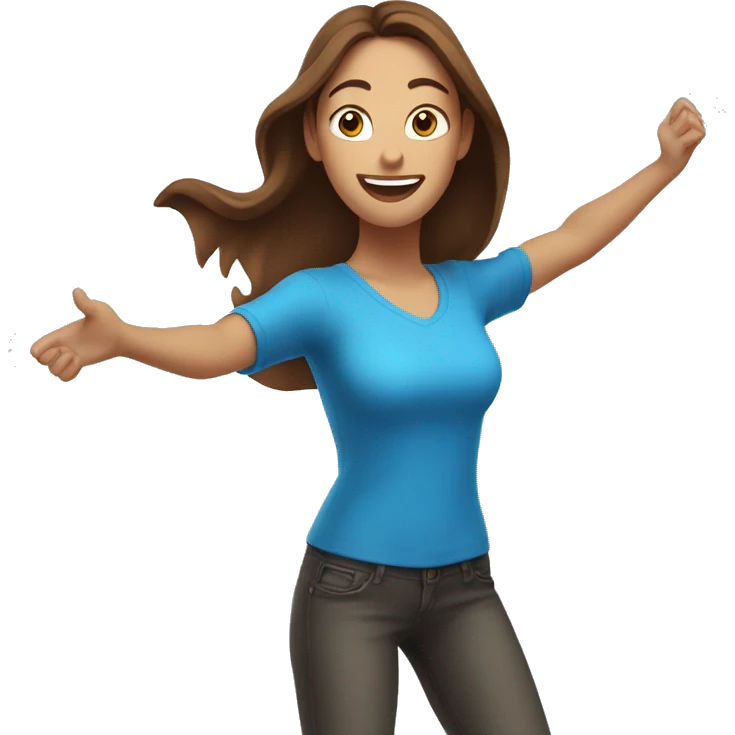 excited woman with long brown hair with arms raised above head blue eyes emoji