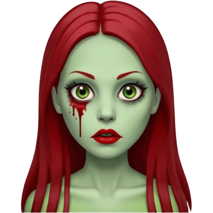 Zumbi feminino, de pele verde, cabelo longo liso e castanho. Labios vermelhos, rosto oval e cilios grandes emoji