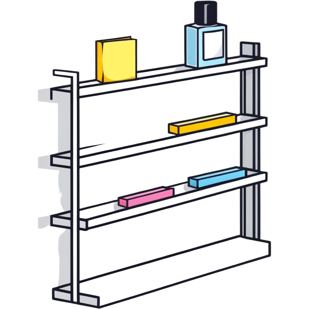 big long white shelf with luxury brand serum and big sticky note emoji