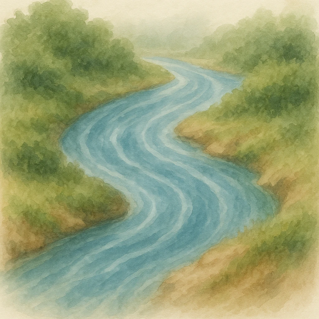 Show the flowing water as a painterly, textured river, evoking a sense of movement, with natural riverbanks, in a watercolor art style. emoji