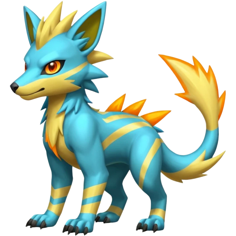 Cyan manectric-Electrike-Zeraora-fusion with neon-green stripes and orange eyes (full body) emoji