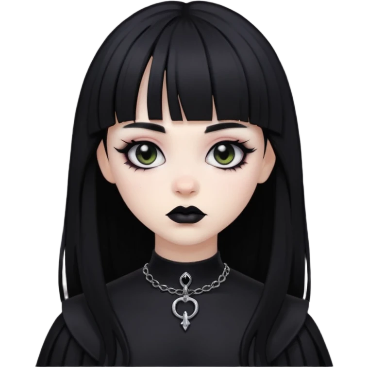 black goth with pale skin, dark makeup, black hair, with bangs emoji