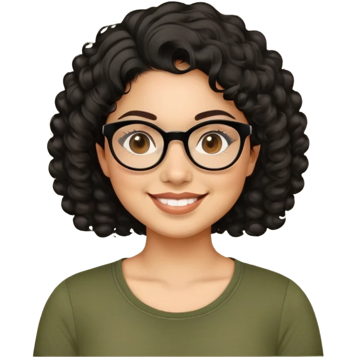 Latina in her early 30s with light tan complexion. Round face with prominent cheeks. Smiling with visible dimples. Dark eyes with black-framed glasses. Short defined curly black hair. Wearing a casual olive green top. emoji