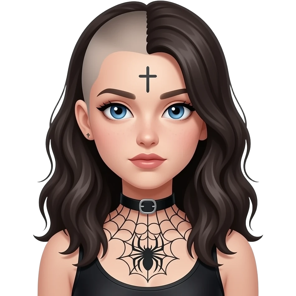 Goth girl with half of her hair shaved, the unshaved part is really long and wavy and blue eyes she has a spiderw3d tattoo on her chest and a small cross tattoo on her temple emoji