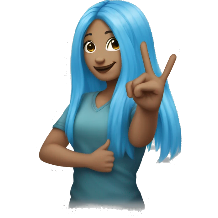 Blue haired light skinned girl doing a peace sign emoji