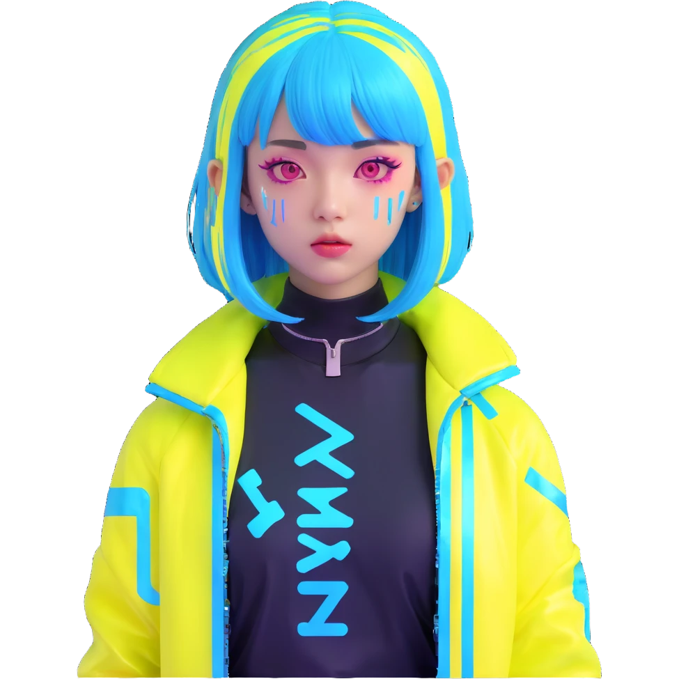 Cyberpunk Japanese girl with neon blue wig, holographic jacket, digital glitches effect, dark background with purple neon glow emoji