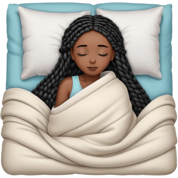 A dark-skinned Black woman with long black box braids, lying on her side in bed, wrapped in a blanket, resting on a pillow, eyes closed. emoji