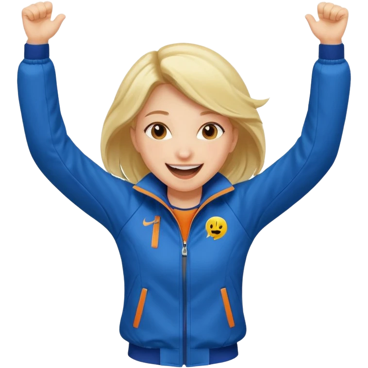 A girl in a sporty jacket, jumping slightly while cheering loudly. emoji