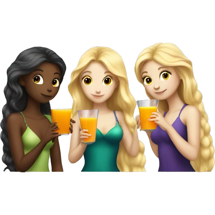 Three beautiful mermaids (one blond and two brown hair) drinking orangejuice emoji