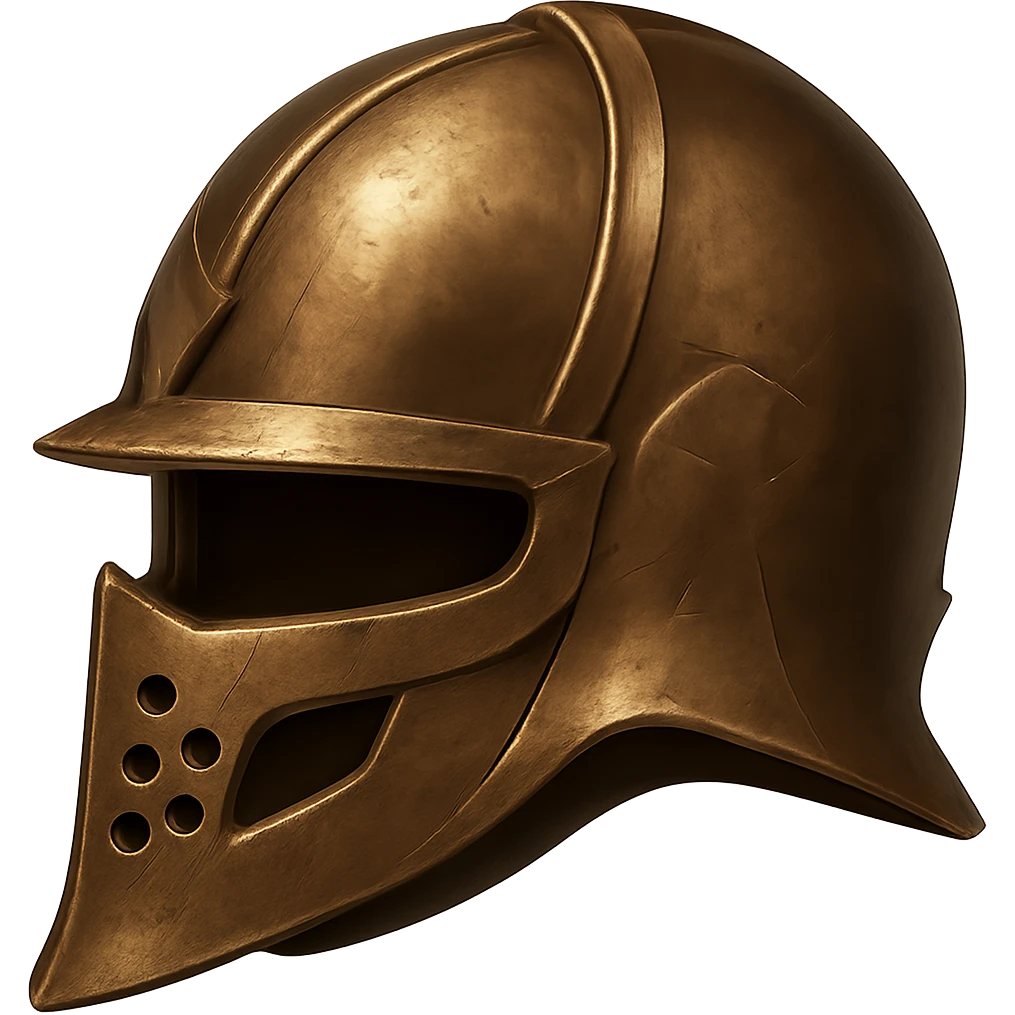 Change the color and texture to realistic bronze metal, making the helmet metallic, shiny, and worn. Keep the helmet's shape. The style should resemble emoji style with a transparent background. emoji