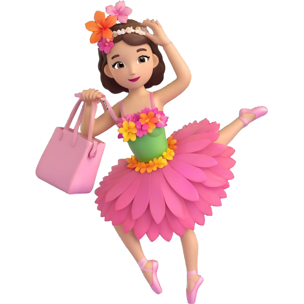 girl with a Hawaiian flower in her hair, wearing ballet heels, doing ballet with a bag emoji