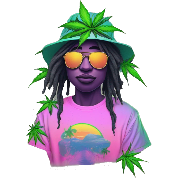 Hemp leaves Multicoloured neon person smoking wearing hoodie dancing hip hop bucket hat tropical Skater fashion aesthetic baggy clothes graphic t shirt 420 emoji