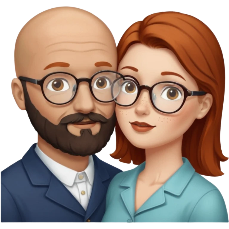 Couple. Bald man with dark brown-black beard. White woman with many small, faded freckles, she has white skin and she has auburn-brown-cinnamon, dark long hair. She has light brown eyes. The man have hazel eyes and glass. She have light eyes. Retro style. She kisses him. emoji