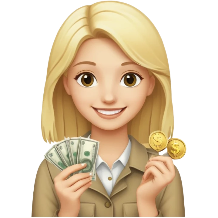 smiling blonde girl with money coins emoji