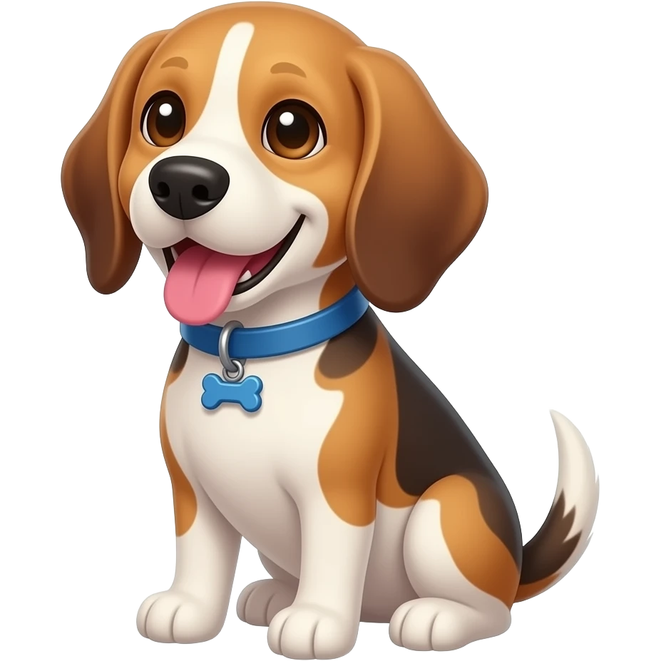 beagle dog with blue collar, collar has bone shaped pendant, sitting, toungue out, smiling, emoji