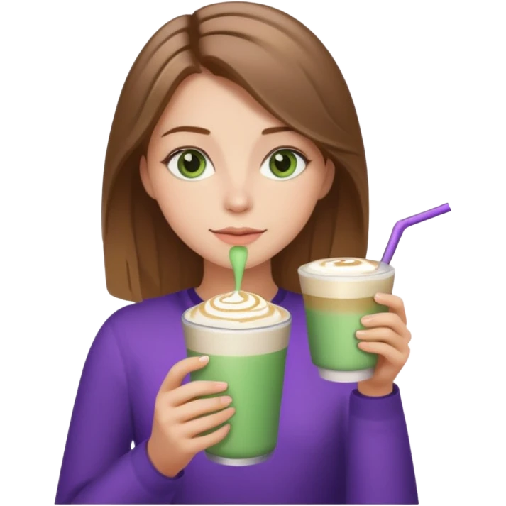 girl with brown hair blonde highlights ans green eyes drinking a lavender latte emoji