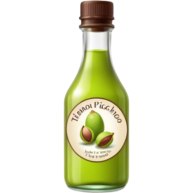 small glass bottle translucent green liquid pistachio essence, narrow neck, simple label, dark cap, vivid and slightly viscous liquid, soft lighting, emoji scale emoji