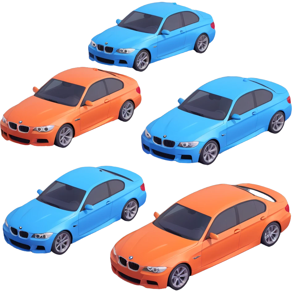 exactly four BMW cars together, detailed and stylized emoji