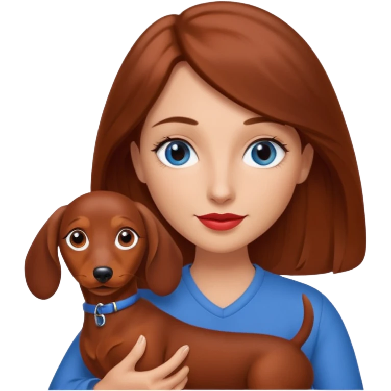 White woman with medium length brown hair and blue eyes holding a red dashound emoji