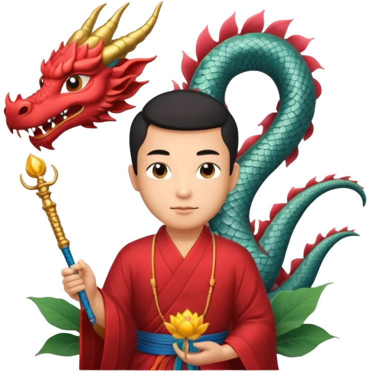 man with asian dragon, scepter, buddhism, lotus emoji