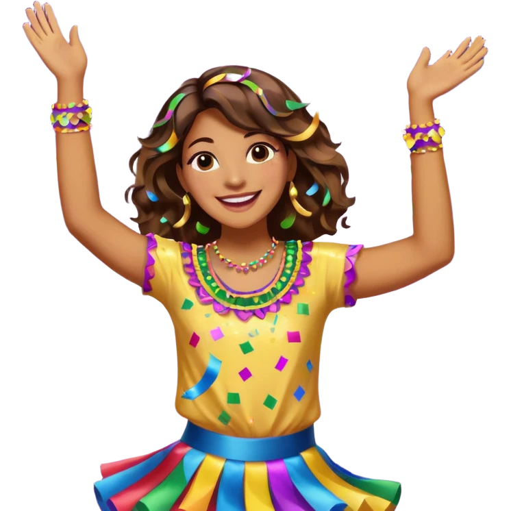 An energetic, celebratory emoji-style scene featuring a dancing figure surrounded by confetti, party streamers, and festive sparkles. Bright, colorful, joyful, and full of movement. emoji