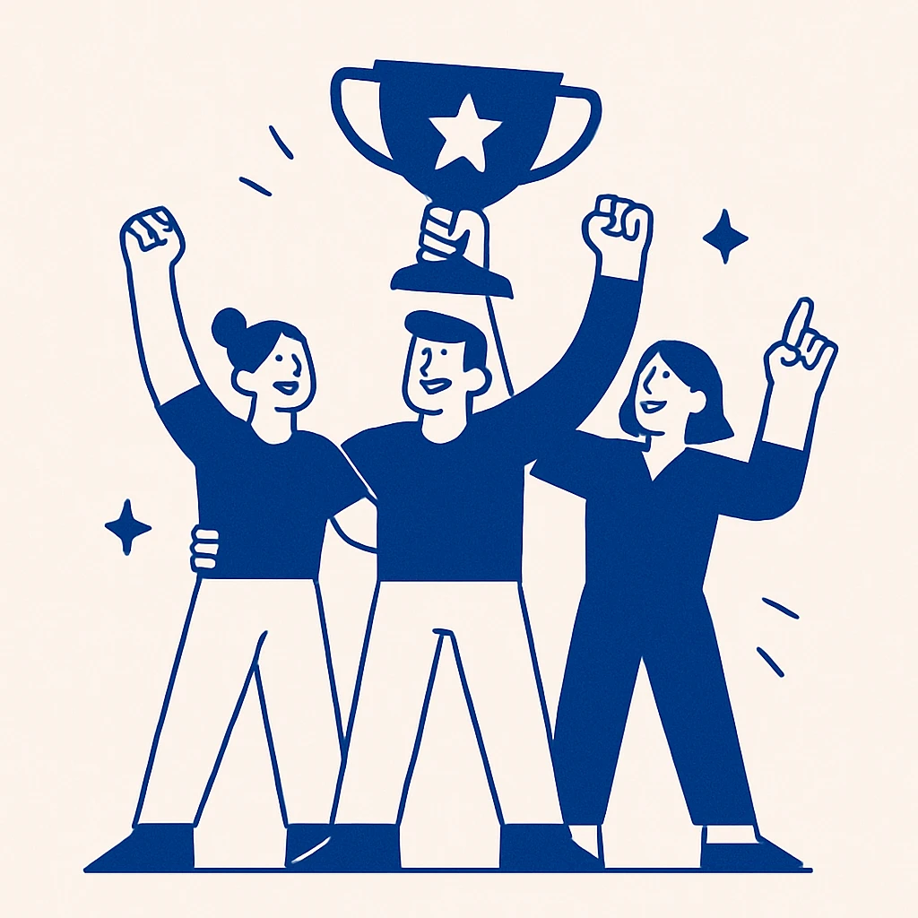 winning team holding a trophy, simple blue illustration, minimalist with bold flat blue colors and clean lines emoji