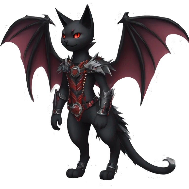 cool edgy elegant beautiful black punk red ethereal fantasy nargacuga-bat-cat-Fakemon collar harness full body emoji