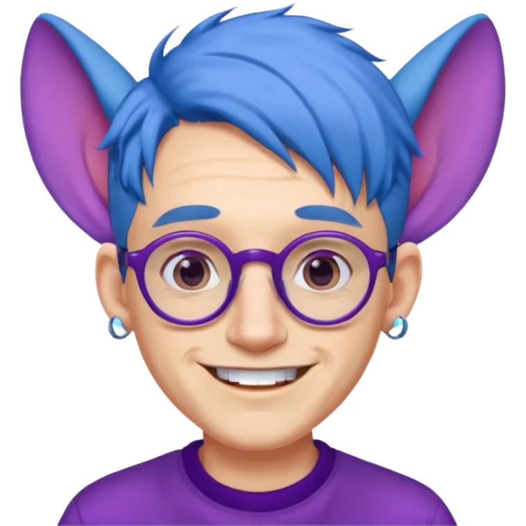 blue haired man with big ears and purple earrings and spectaclesi happy emoji