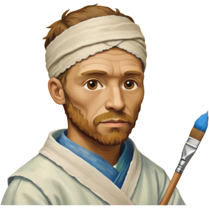 van gogh paints on a canvas. his ear is bandaged. emoji