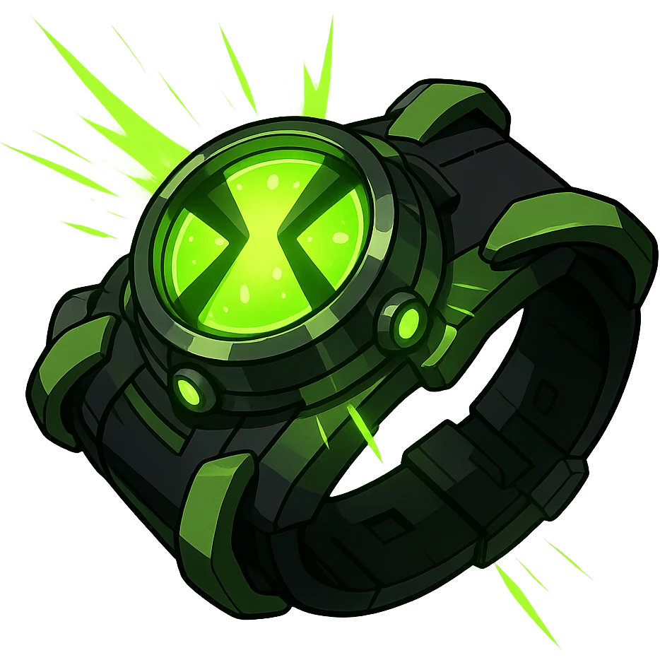 Ben 10's Omnitrix watch, detailed, green and black, glowing, dynamic pose, no text emoji