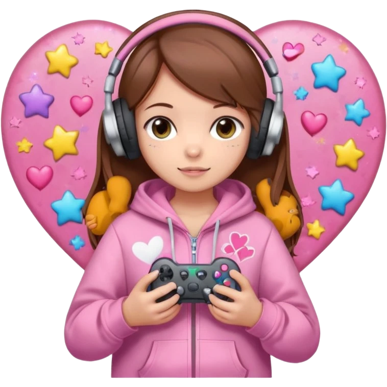 A brown-haired cartoon girl in a pink sparkly hoodie with headphones on, holding a game controller, surrounded by hearts, stars, and a puppy and kitten cuddling at her feet in chibi style  emoji