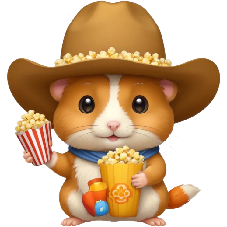 orange hamster holding pop corn, with cowboy hat emoji
