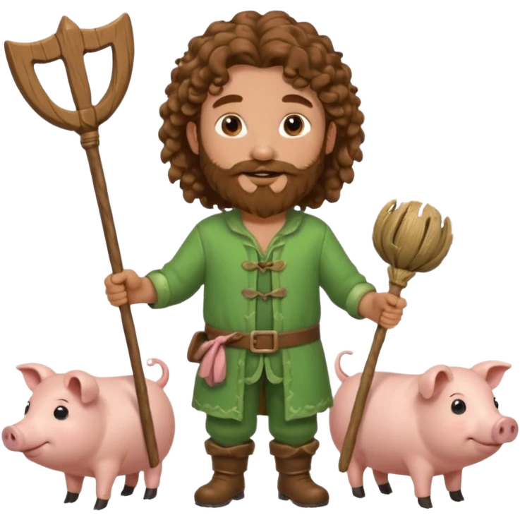 happy young shepard with long curly brown beard and long curly brown hair, in green magical outfit, with wooden shepard stick in hands, taking care of pigs emoji
