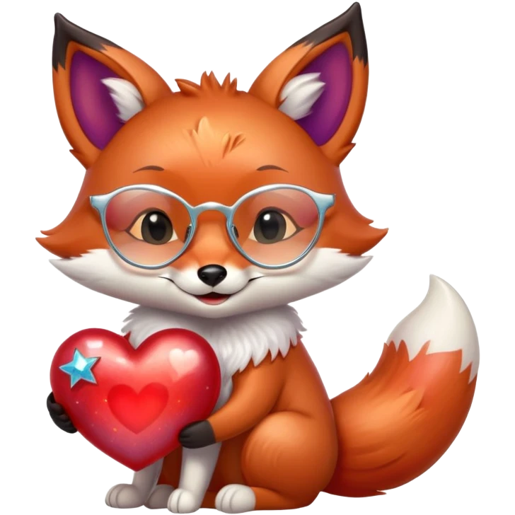 A dreamy fox with iridescent fur, a glowing tail, a silver star on its forehead, and round glasses, hugging a big red heart and smiling warmly emoji