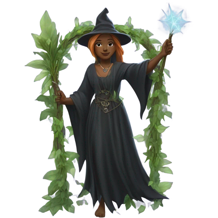Painting of a witch in front of a leafy arch emoji