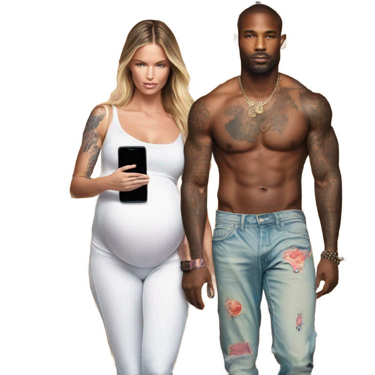 Photo of a Victoria secret model pregnant walking next to a tattooed male model on their cell phones emoji