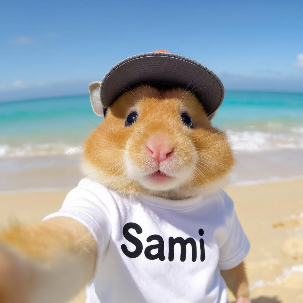 Orange tabby hamster in a t-shirt saying "Sami" and cap taking selfies against the background of beach and blue sea, shot with an 85 mm f/11 lens, ISO 100, 8K RAW, no blur emoji