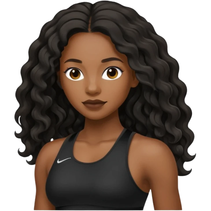 Femme noire avec cheveux longs ondulés qui fait du sport en tenue noire emoji