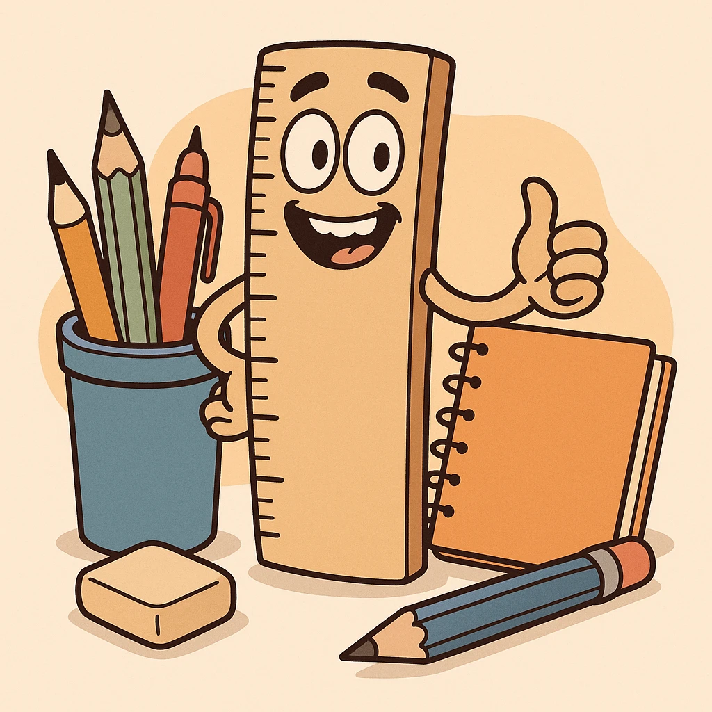 cartoon style illustration of a ruler, school supplies emoji
