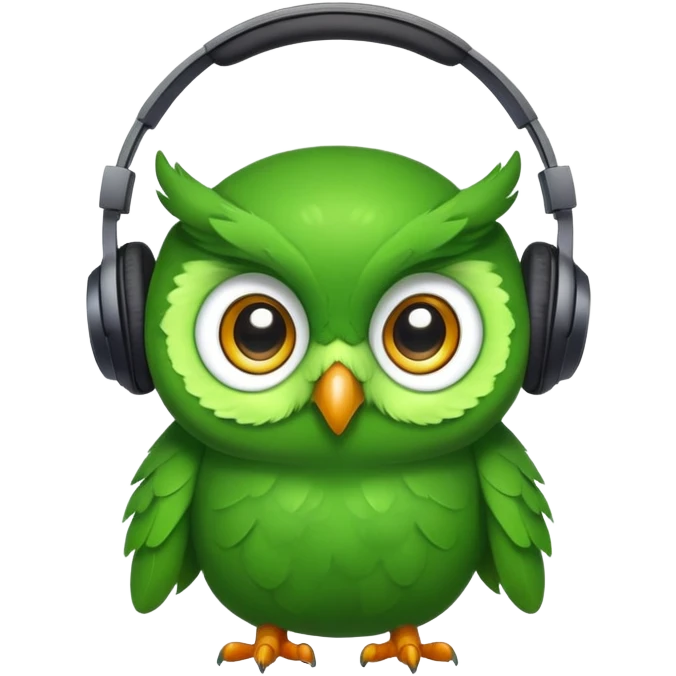 green pea wearing headphones in the style of the duolingo owl mascot with big eyes emoji