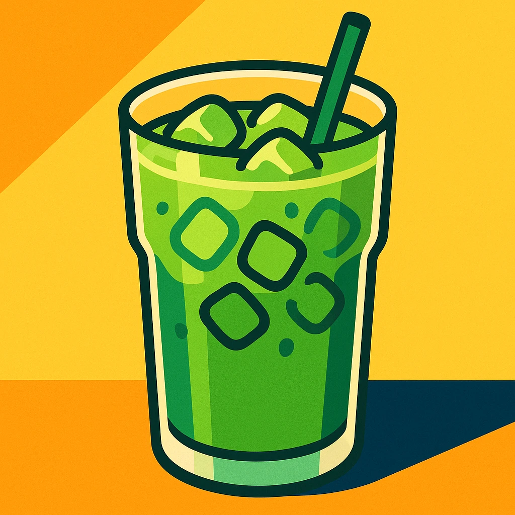ice matcha latte in a glass with ice cubes, vibrant green color, modern style emoji
