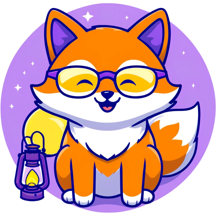 magical fox with purple and blue fur, glowing tail, star on forehead, round glasses, tiny lantern, laughing joyfully emoji